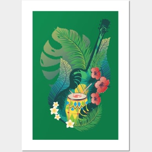 Retro guitar with drum and tropical leaves Posters and Art